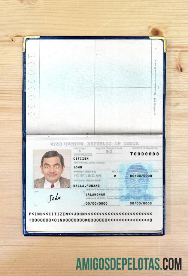 Passaporte da Índia Nova versão 2 páginas Photolook 1 exemplo